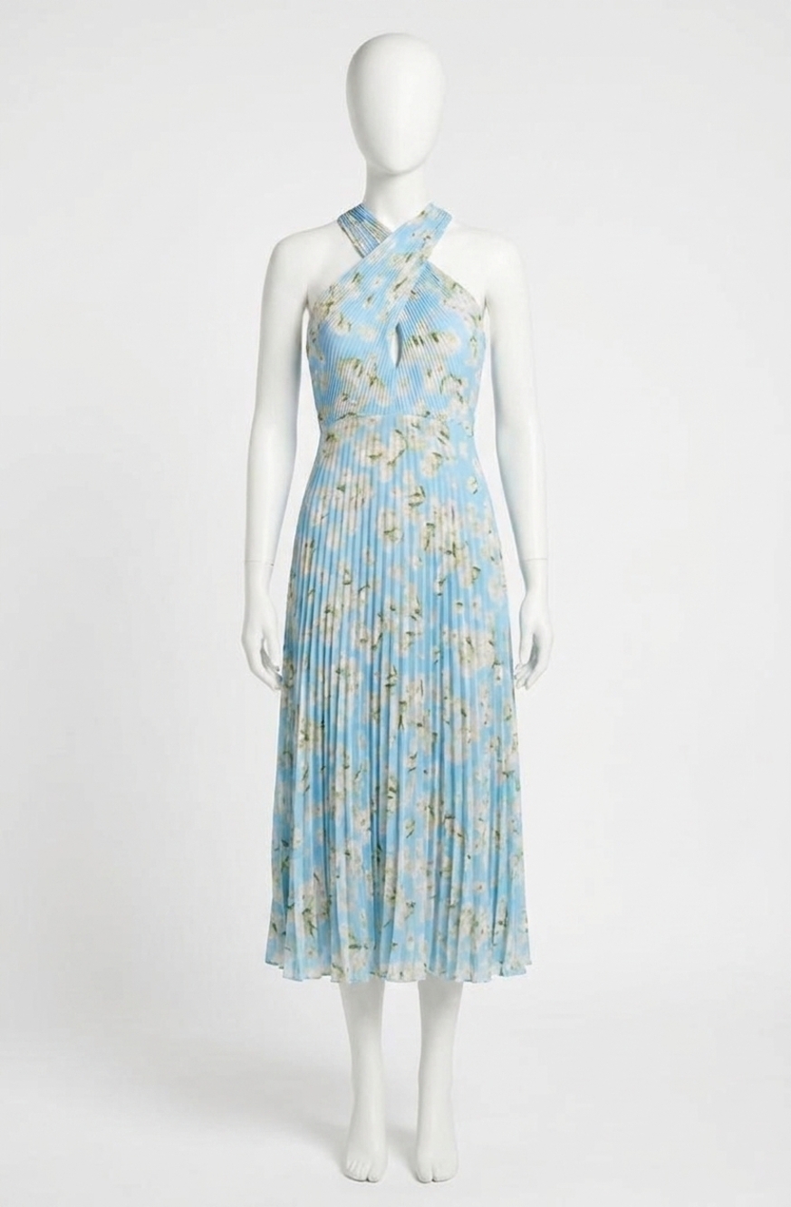 NEW ASTR samantha plissé halter midi dress in blue floral